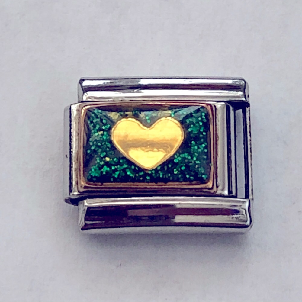 gold heart with glittery green background charm link for Italian charm bracelet
